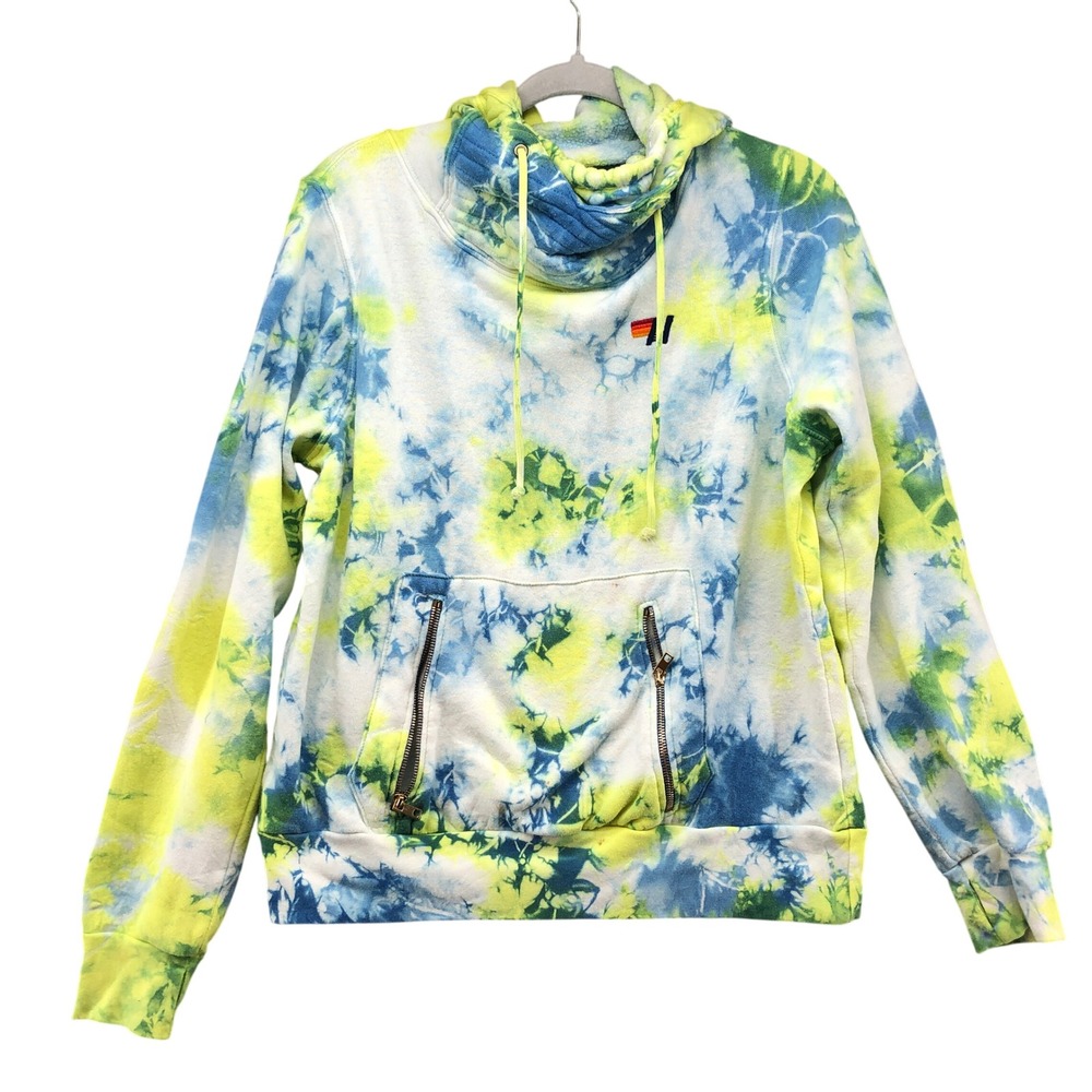 Aviator Nation Hoodie Womens M Blue Yellow Tie Dye Zipper Pocket Funnel Neck